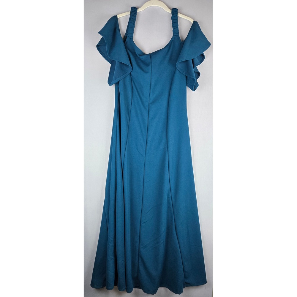 24seven Comfort Apparel Womens Teal Cold Shoulder Ruffle Maxi Dress XL NWT - Picture 2 of 3